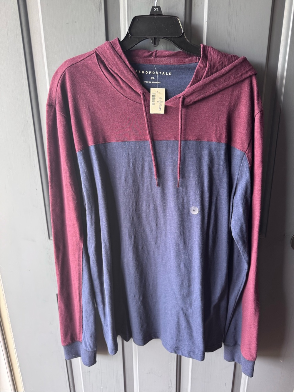Aeropostale Men’s Hooded Colorblock Long Sleeve Shirt - Burgundy & Navy